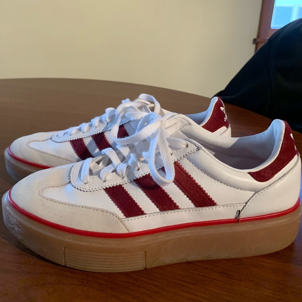 adidas White Platform Sneakers with Burgundy Stripes